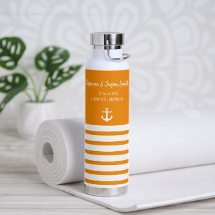 Orange White Personalised Beach Wedding Favour Water Bottle