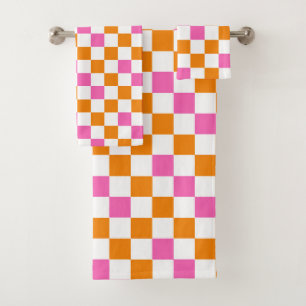 Orange White Pink Chequered Pattern Design  Bath Towel Set