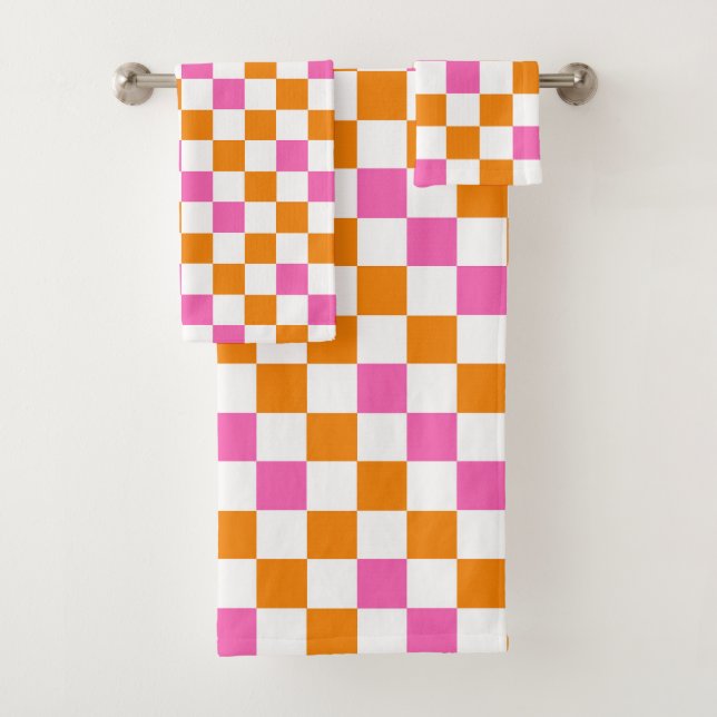 Orange White Pink Chequered Pattern Design  Bath Towel Set (Insitu)