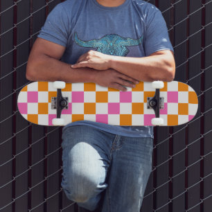 Orange White Pink Chequered Pattern Design Skateboard