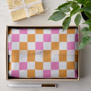 Orange White Pink Chequered Pattern Design Tissue Paper