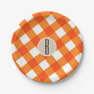 Orange White Plaid Kraft Rustic Monogram Initial Paper Plate