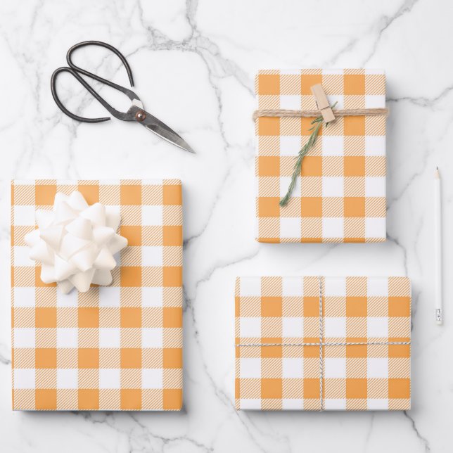 Orange White Plaid Pattern Wrapping Paper Sheet (Front)