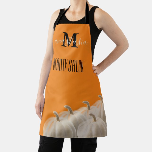 Orange White Pumpkin Beauty Salon Monogram Apron (Insitu)