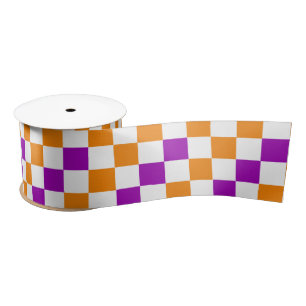 Orange White Purple Chequered Design Satin Ribbon