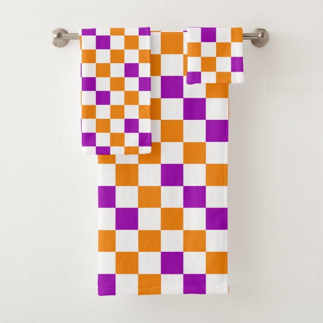 Orange White Purple Chequered Pattern Design  Bath Towel Set (Insitu)