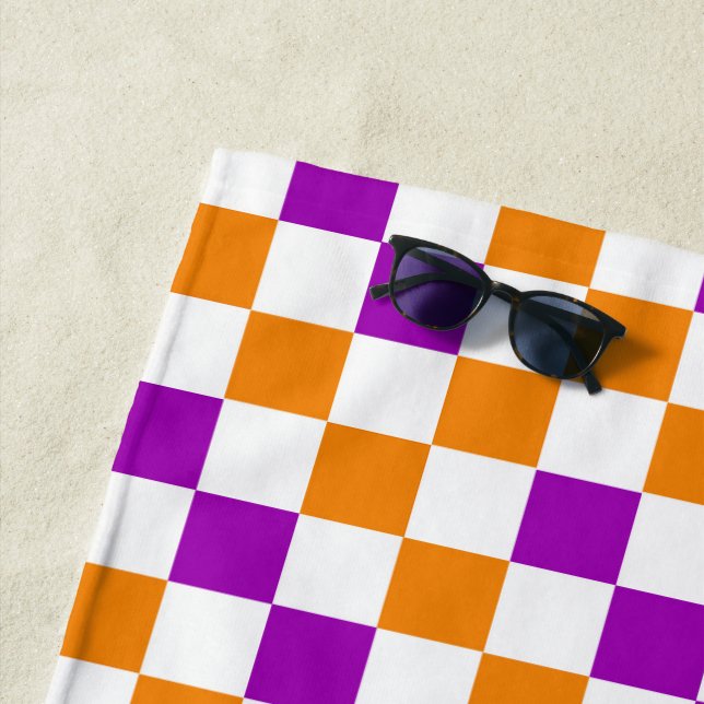 Orange White Purple Chequered Pattern Design  Beach Towel (In Situ)