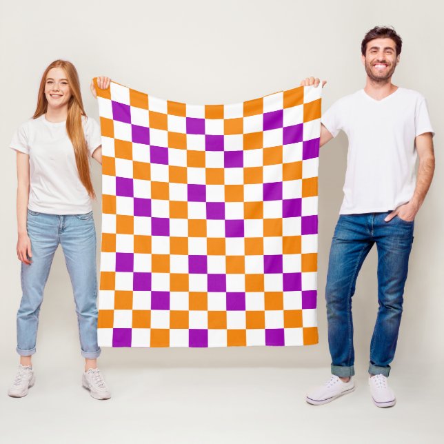 Orange White Purple Chequered Pattern Design  Fleece Blanket (In Situ)