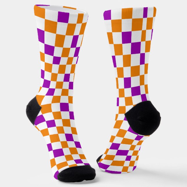 Orange White Purple Chequered Pattern Design  Socks (Angled)