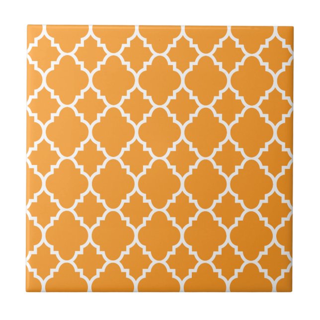 Orange White Quatrefoil Moroccan Pattern Tile (Front)