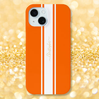 Orange White Racing Stripes Gold Monogrammed Cool iPhone 15 Case