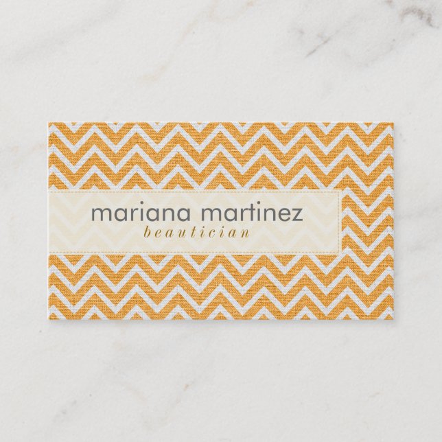 Orange & White Retro Chevron Pattern Linen Texture Business Card (Front)
