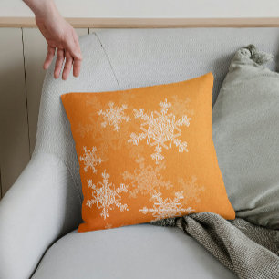 Orange White Snowflakes Minimalist Christmas Cushion