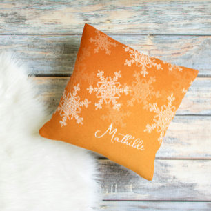 Orange White Snowflakes Minimalist Christmas Name Cushion