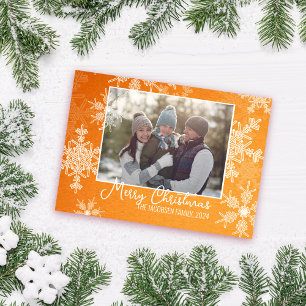 Orange White Snowflakes Minimalist Christmas Photo Holiday Card