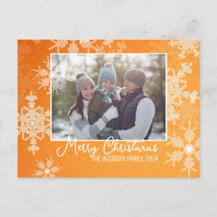 Orange White Snowflakes Minimalist Christmas Photo Holiday Postcard