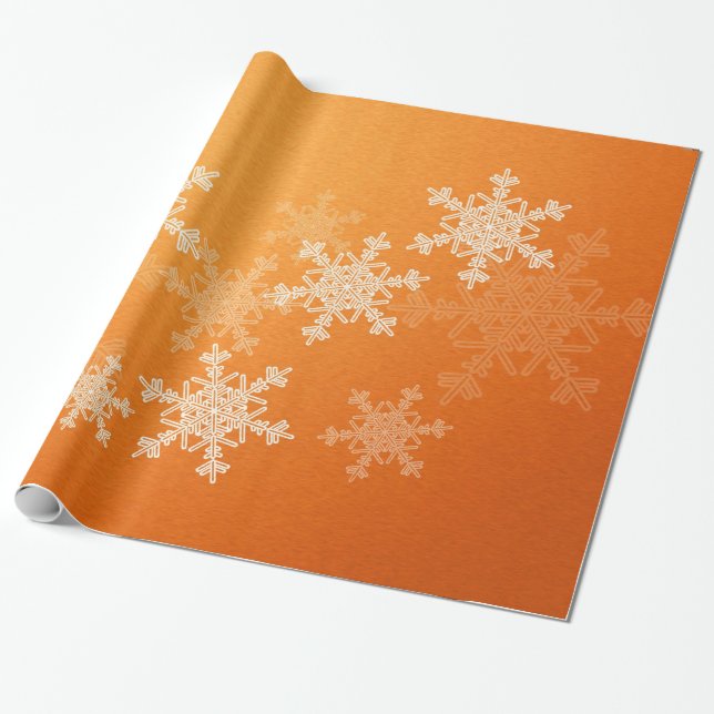 Orange White Snowflakes Minimalist Christmas Wrapping Paper (Unrolled)