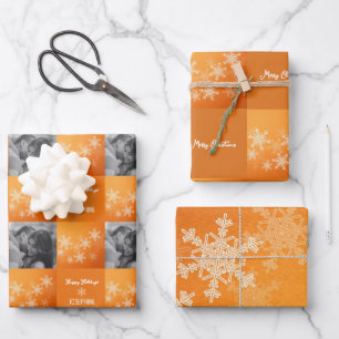 Orange White Snowlfake Minimalist Photo Christmas Wrapping Paper Sheet
