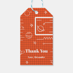 Orange White Spaceship Screen Space Theme Birthday Gift Tags