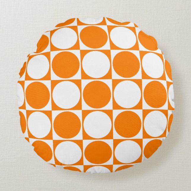 Orange&White Squares&Circles Design, Round Cushion (Front)