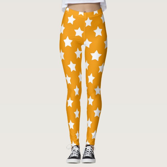 Orange White Stars Pattern Decorative Leggings (Front)