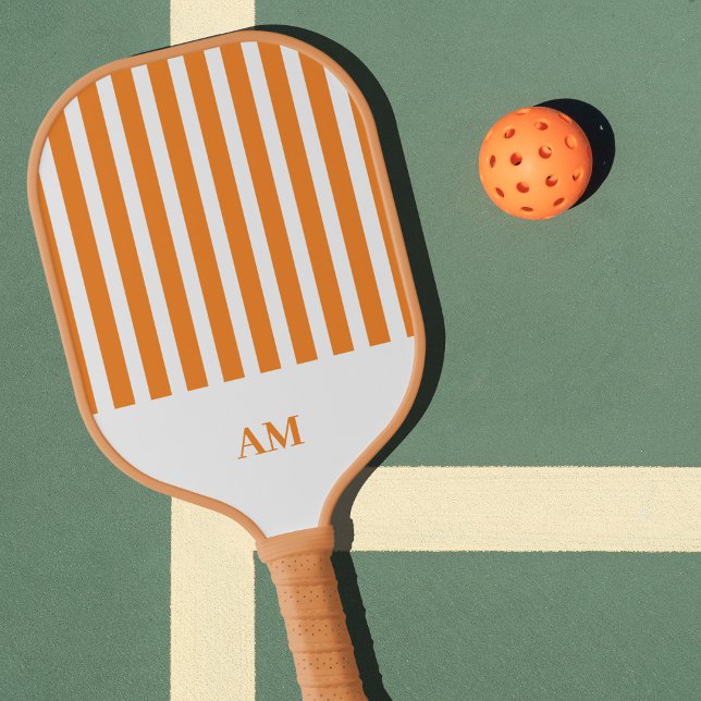 Orange & White Stripes Country Club Monogram Pickleball Paddle (Orange & White Stripes Personalized Pickleball Paddle)