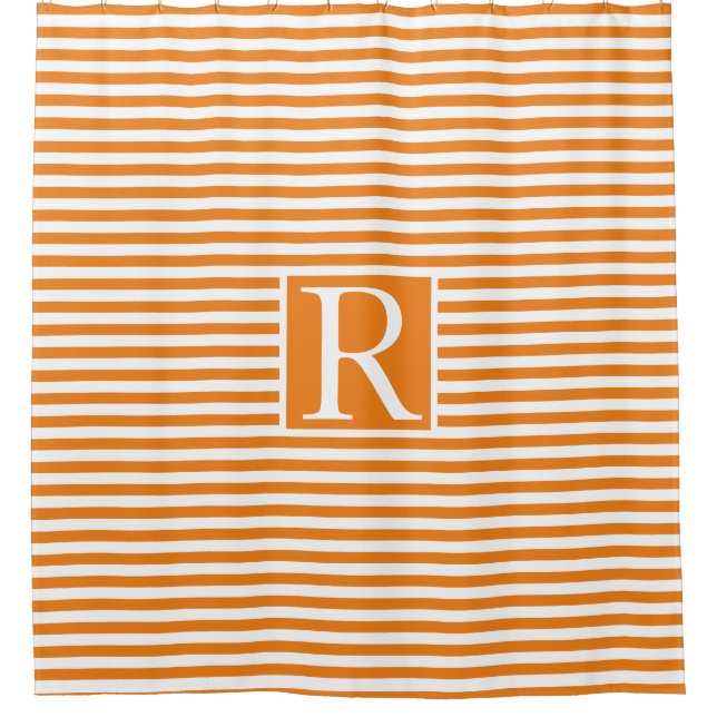Orange White Stripes Monogram Initials Cute Shower Curtain (Front)