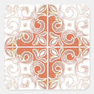 Orange White Swirl Inspired by Portuguese Azulejos Square Sticker