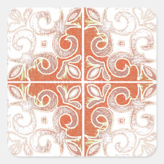 Orange White Swirl Inspired by Portuguese Azulejos Square Sticker