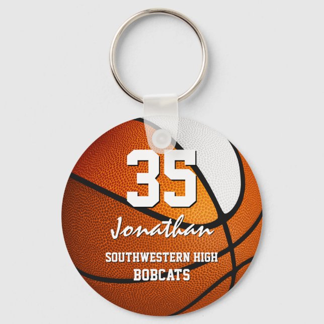 Orange white team colours boys girls basketball key ring (Front)