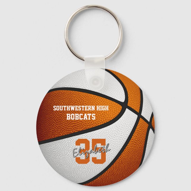 orange white team colours girls boys basketball key ring (Front)