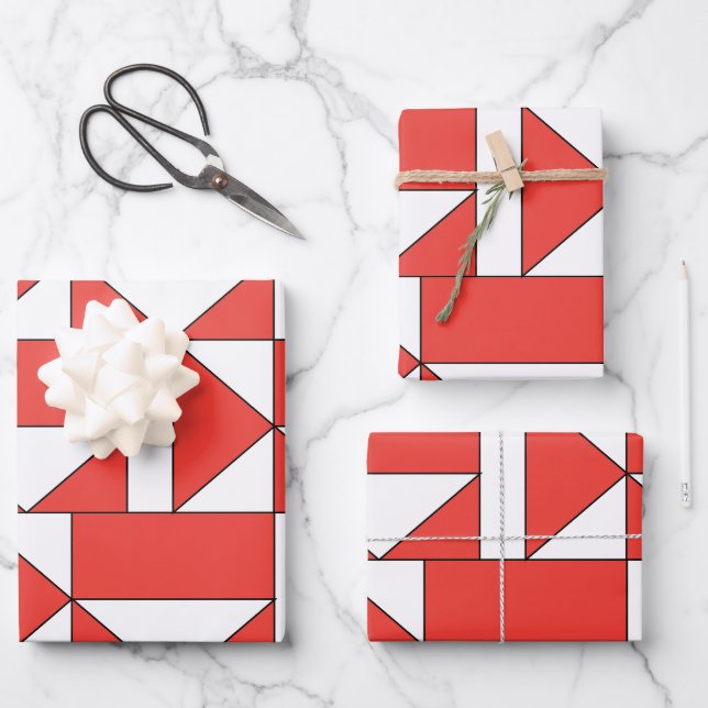 Orange White Triangle Square Geometric Wrapping Paper Sheet (Front)