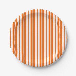 Orange White Vertical Stripes Pattern Paper Plate