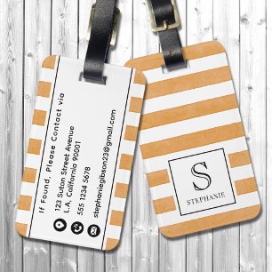 Orange & White Watercolor Stripes Pattern Monogram Luggage Tag