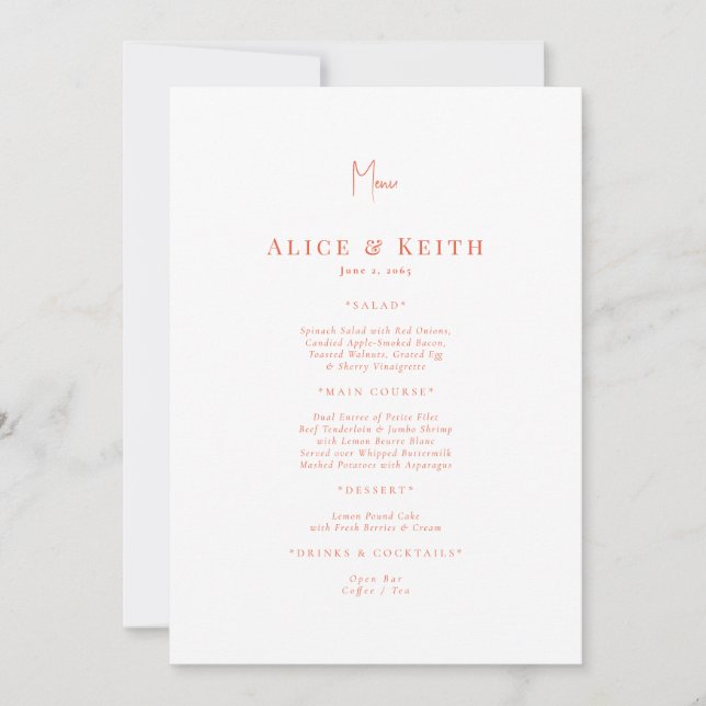 Orange & White Wedding Menu Invitation (Front)