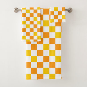 Orange White Yellow Chequered Pattern Design  Bath Towel Set