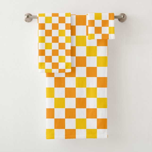 Orange White Yellow Chequered Pattern Design  Bath Towel Set (Insitu)