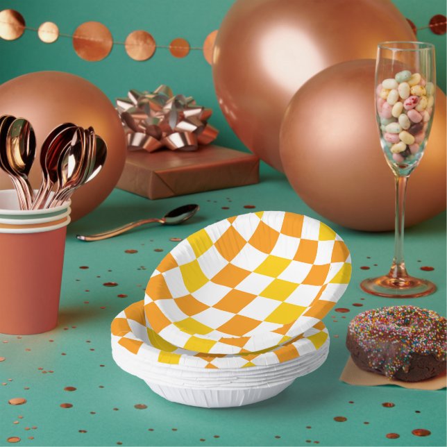 Orange White Yellow Chequered Pattern Design  Paper Plate (Multi)