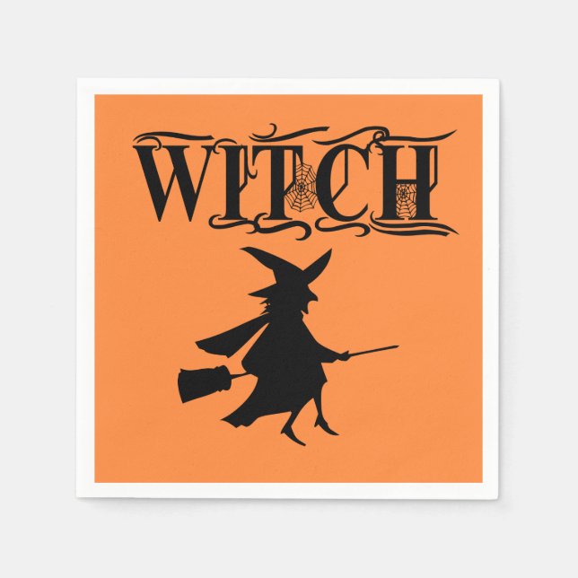 Orange Wicked Flying Witch Halloween  Napkin (Front)