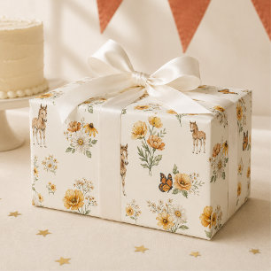 Orange Wildflower Horse and Butterfly Pattern  Wrapping Paper