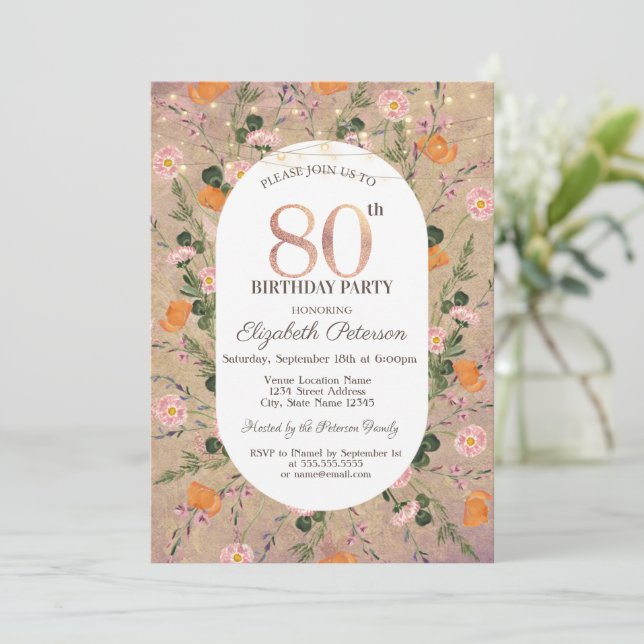 Orange Wildflower String Lights 80th Birthday Invitation (Standing Front)