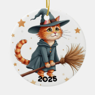 Orange Witch Cat Ceramic Tree Decoration