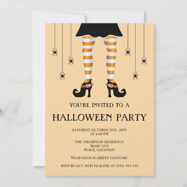 Orange Witch Legs And Spiders Happy Halloween Invitation (Front)
