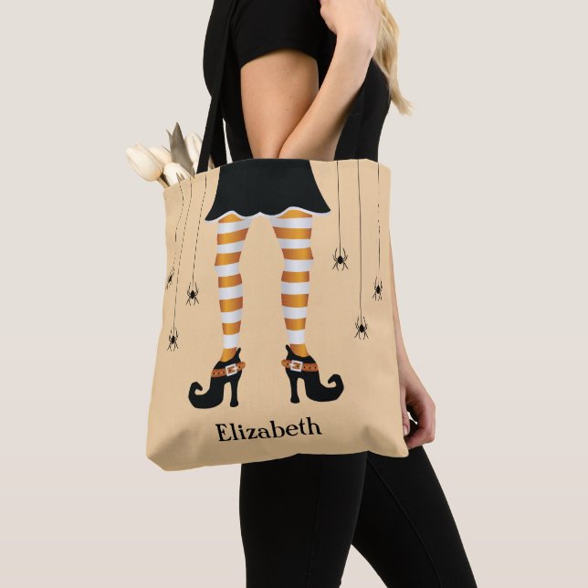 Orange Witch Legs And Spiders With Name Halloween Tote Bag (Close Up)