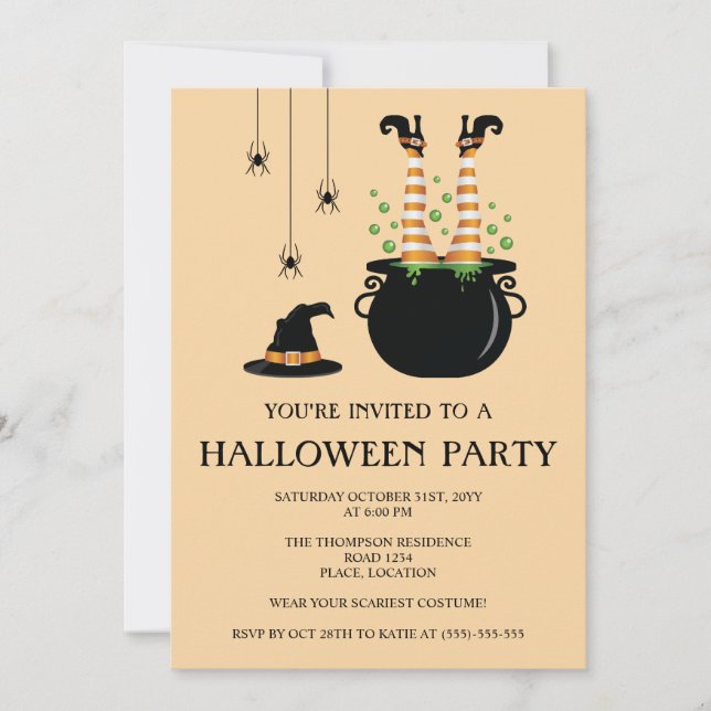 Orange Witch Legs In A Cauldron Halloween Party Invitation (Front)
