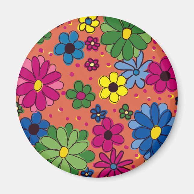 Orange with Brightly Coloured Flowers Magnet (Front)
