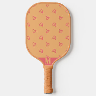 Orange with Pink Hearts Modern Monogram Pickleball Paddle
