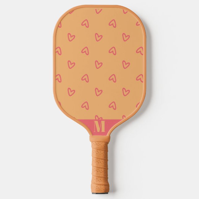 Orange with Pink Hearts Modern Monogram Pickleball Paddle (Front)