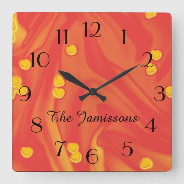 Orange with Small Yellow Hearts, Personalised Square Wall Clock (Front)