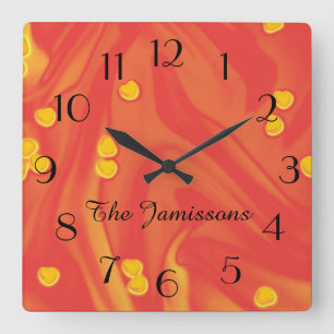 Orange with Small Yellow Hearts, Personalised Square Wall Clock